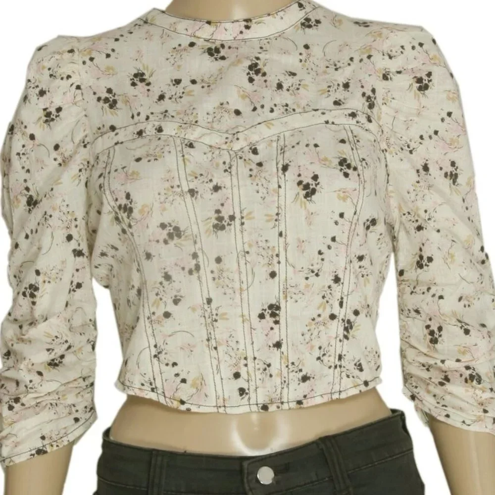 Free People Monica Top Floral Printed Puff Sleeve New